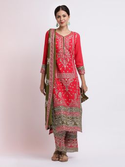 Jaipur Kurti - Pink Zari Embroidered Georgette Kurta with Palazzo and Dupatta (Set of 3)