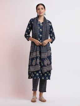 Jaipur Kurti - Navy Blue Floral Printed Cotton Kurta with Pant and Dupatta (Set of 3)