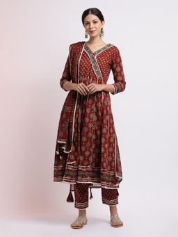 Jaipur Kurti - Ajrakh Printed Cotton Anarkali Kurta with Pant and Dupatta (Set of 3)