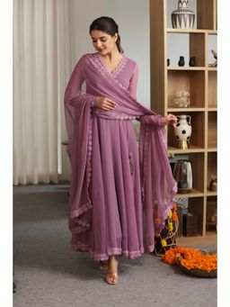 SAJILO - Purple Haze Georgette Angarkha Kurta with Pant and Dupatta (Set of 3)