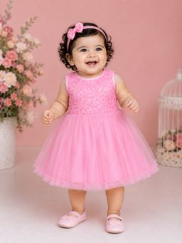 PSPeaches - Pink Self Design Satin A-Line Dress