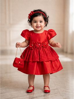 PSPeaches - Red Self Design Taffeta A-Line Dress