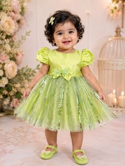 PSPeaches - Green Self Design Satin A-Line Dress
