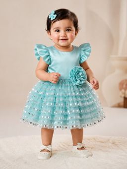 PSPeaches - Blue Self Design Satin A-Line Dress