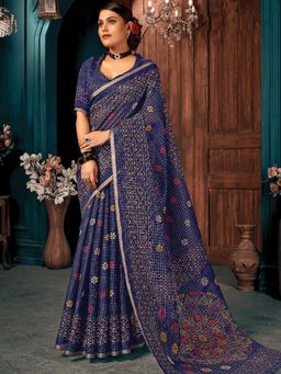 Odette - Womens Blue Cotton Printed Saree with Unstitched Blouse