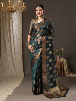Akhilam - Womens Organza Teal Blue Woven Design Designer Saree with Unstitched Blouse