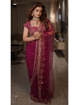 DIVYA SAMAL - Blossom Magenta Pre-Draped Saree with Stitched Blouse