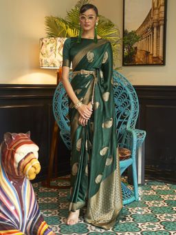 Akhilam - Womens Silk Blend Green Woven Designer Saree with Unstitched Blouse