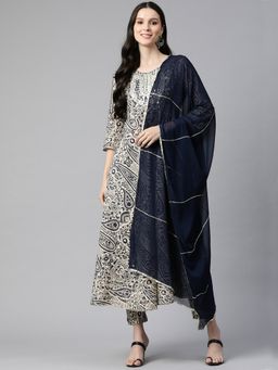 Divena - Beige Cotton Straight Kurta and Pants with Dupatta (Set of 3)