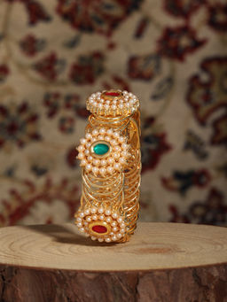 Zaveri Pearls - Red Green Stones & Pearls Embellished Flexible Bangle Style Kada