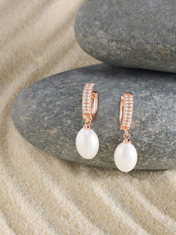 Zaveri Pearls - White Rose Gold Tone Contemporary Cubic Zirconia Brass Pearl Drop Earrings