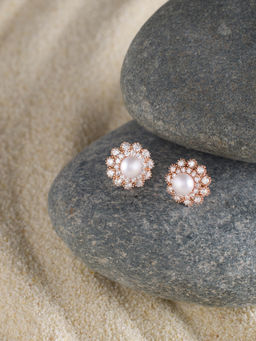 Zaveri Pearls - Rose Gold Tone White Cubic Zirconia & Pearl Embellished Brass Studs Earrings