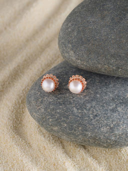 Zaveri Pearls - Rose Gold Tone Contemporary Brass White Pearl Studs Earrings