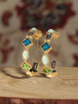 Zaveri Pearls - Green Blue Dazzling Stones Embellished Semi Hoop Earrings