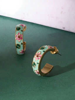 Zaveri Pearls - Multicolour Enamel Floral Contemporary Semi Hoop Studs Earring
