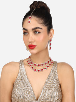 Zaveri Pearls - Pink Stones Austrian Diamonds Necklace Earring Maang Tikka Set - ZPFK17771