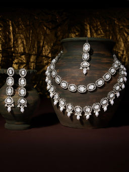 Zaveri Pearls - Silver Tone Stones Diamonds Necklace Earrings & Maangtikka Set