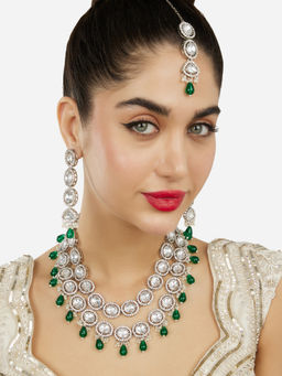 Zaveri Pearls - Green Beads Stones Diamonds Necklace Earrings & Maangtikka Set
