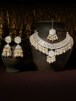 Zaveri Pearls - White Kundan Cluster Beads Necklace Earrings & Maangtikka Set