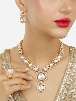 Zaveri Pearls - Gold Tone Stones Austrian Diamonds Necklace Earrings & Ring Set