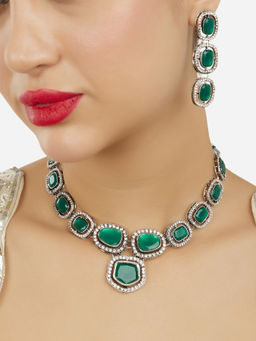Zaveri Pearls - Green Stones Antique Silver Plated Necklace & Earring Set