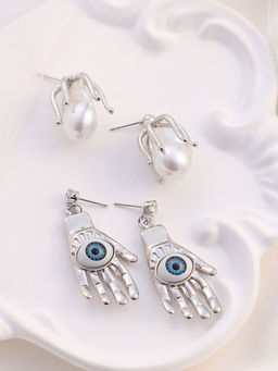 Sohi - Metallic Silver Evil-Eye-Bud Drop Earrings (Set Of 2)