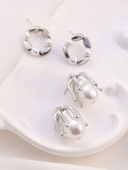 Sohi - Metallic Silver Bud-Loop Drop Earrings (Set Of 2)