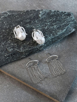 Sohi - Metallic Silver Chain-Bud Drop Earrings (Set Of 2)