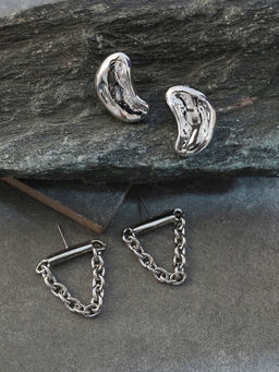 Sohi - Metallic Silver Dented-Chain Stud Earrings (Set Of 2)