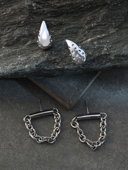 Sohi - Metallic Silver Chain-Teardrop Drop Earrings (Set Of 2)