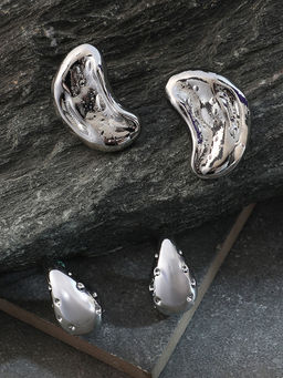 Sohi - Metallic Silver Dented Stud Earrings (Set Of 2)