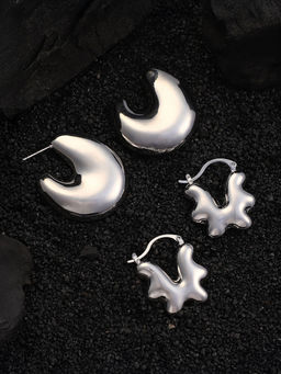 Sohi - Metallic Silver Chunky Hoop Earrings (Set Of 2)