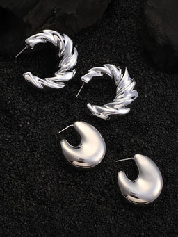 Sohi - Metallic Silver Chunky Hoop Earrings (Set Of 2)