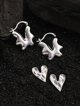 Sohi - Metallic Silver Everyday-Hoop Stud Earrings (Set Of 2)