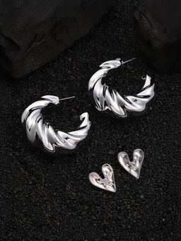 Sohi - Metallic Silver Textured Hoop Stud Earrings (Set Of 2)