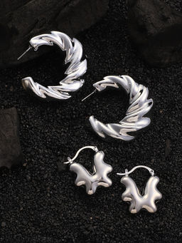 Sohi - Metallic Silver Everyday Hoop Earrings (Set Of 2)