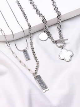 Sohi - Metallic Silver Urban Chain Necklace (Set Of 3)