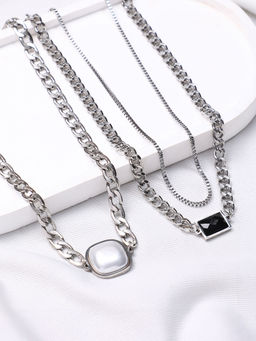 Sohi - Metallic Silver Urban Multi-Layer Necklace (Set Of 2)