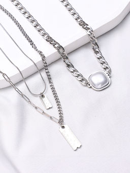 Sohi - Metallic Silver Urban Chain Necklace (Set Of 3)