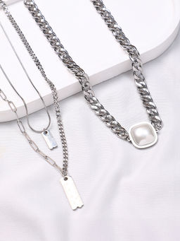 Sohi - Metallic Silver Urban Chain Necklace (Set Of 3)