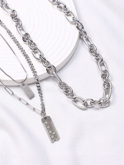 Sohi - Metallic Silver Everyday Chain Necklace (Set Of 3)