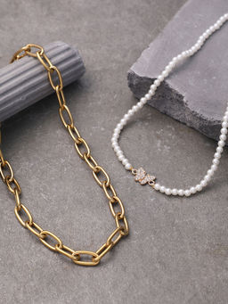 Sohi - Pearl Papillon-Chain Collar Necklace (Set Of 2)