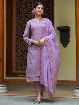 Yufta - Women Purple Embroidered Straight Kurta Trouser And Dupatta (Set of 3)
