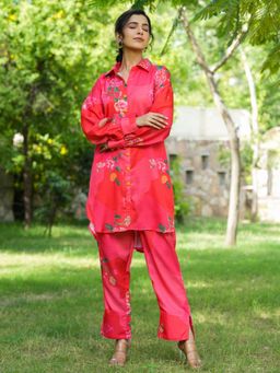 Yufta - Pink Floral Print Shirt And Trouser Co-Ords (Set of 2)