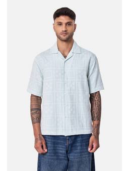 Snitch - Light Blue Jacquard Half Sleeves Boxy Shirt