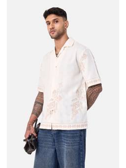 Snitch - Off White Textured Half Sleeves Boxy Shirt