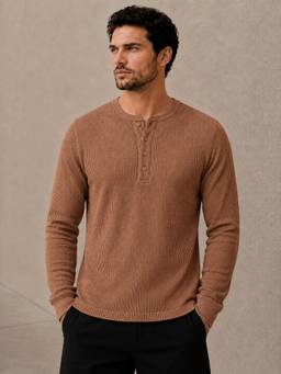 Perch - Brown Waffle Henley Full Sleeve T Shirt