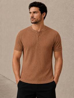 Perch - Brown Waffle Henley Half Sleeve T Shirt