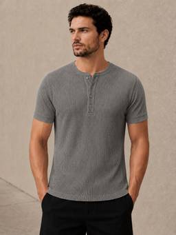 Perch - Grey Waffle Henley Half Sleeve T Shirt
