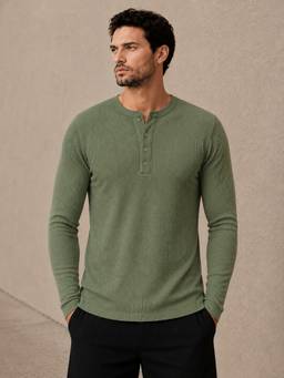Perch - Paste Green Waffle Henley Full Sleeve T-Shirt